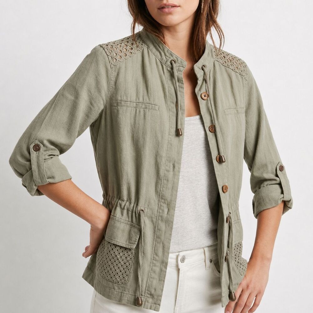 Saint Tropez West Linen Eyelet Lace Utility Jacket S Sage Green Boho Utility